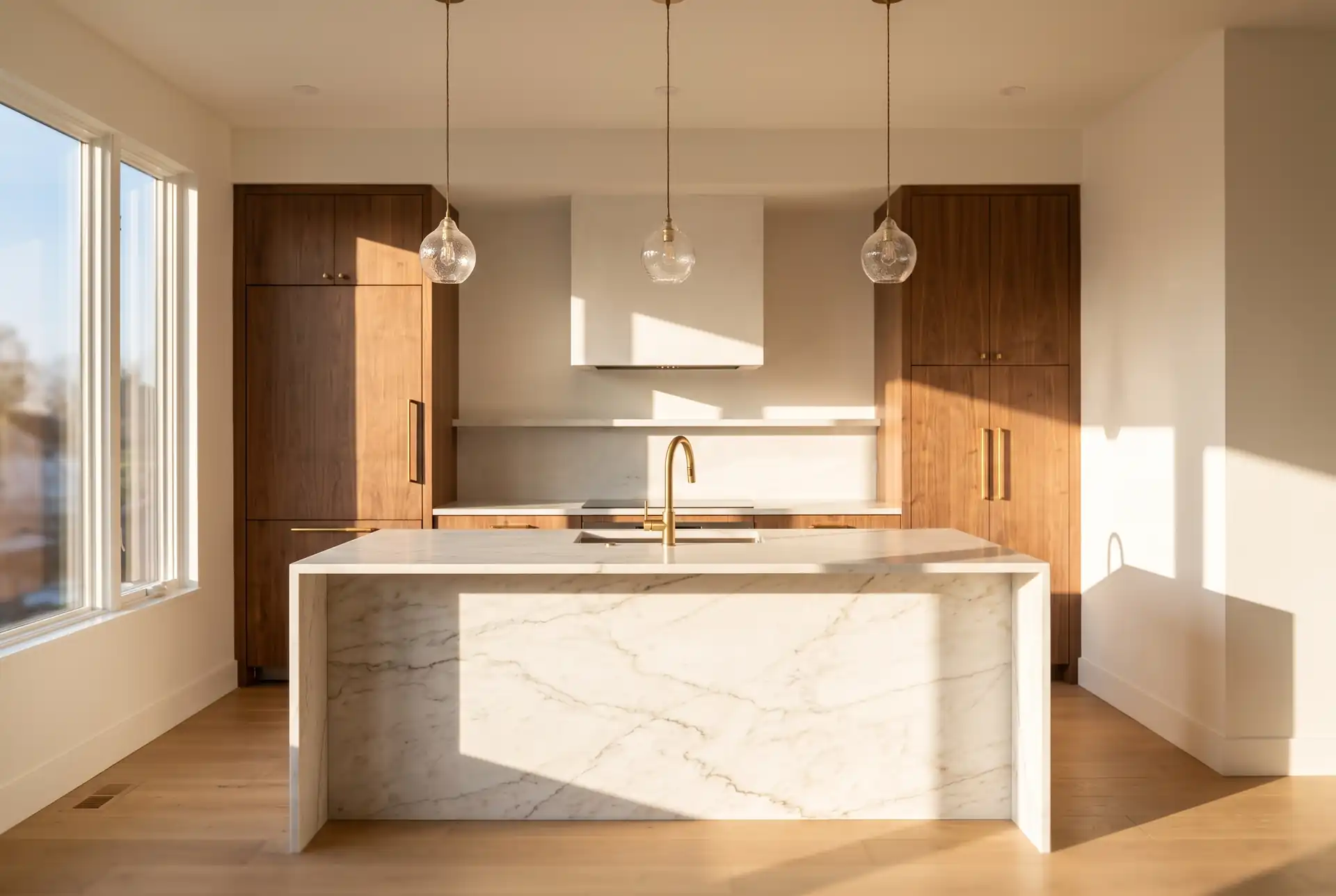 Kitchen. Walnut, honed marble, an unlacquered brass that will patina.