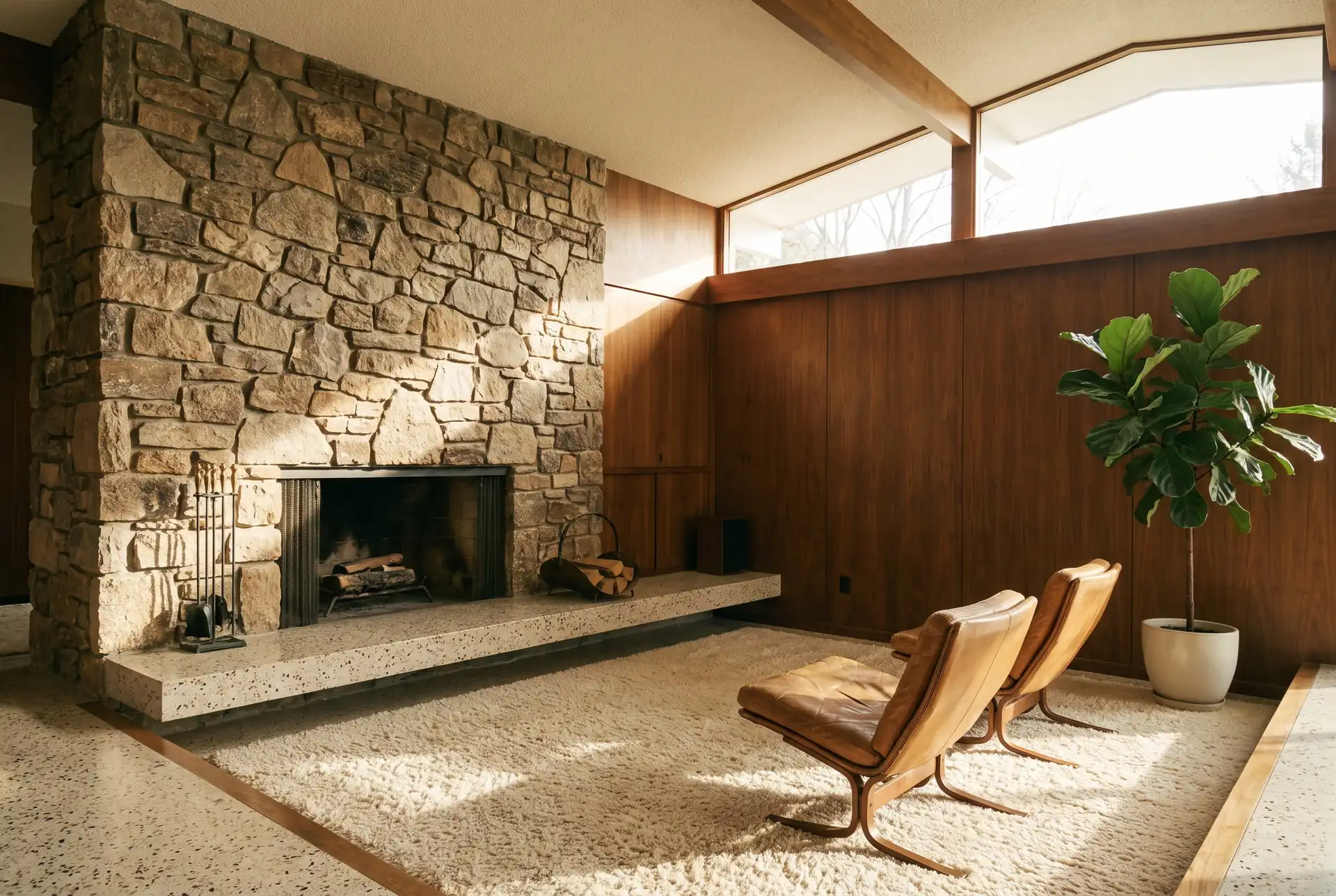 A mid-century modern living room with a stone fireplace