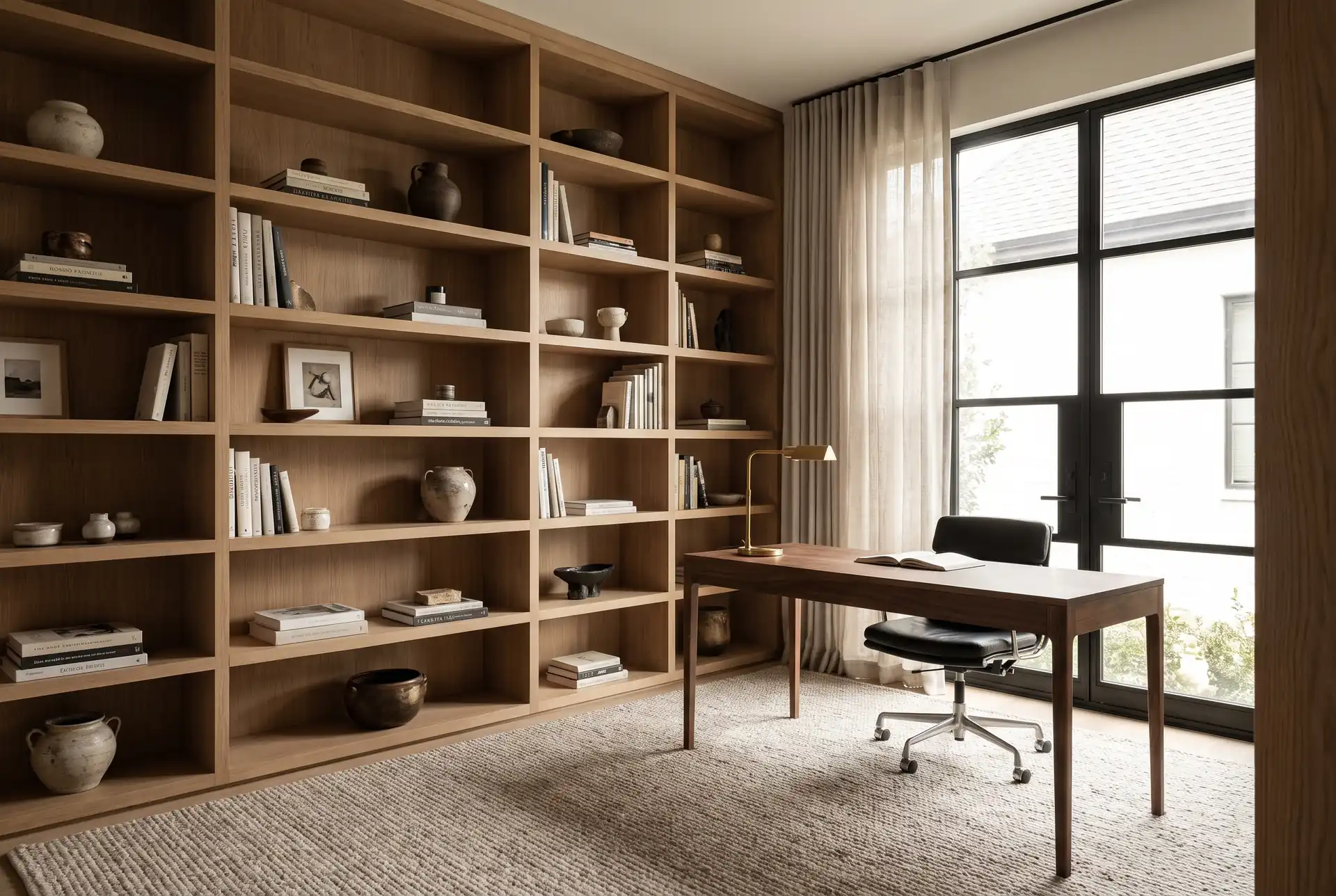 A home study with full-height white oak shelving and a slim walnut desk